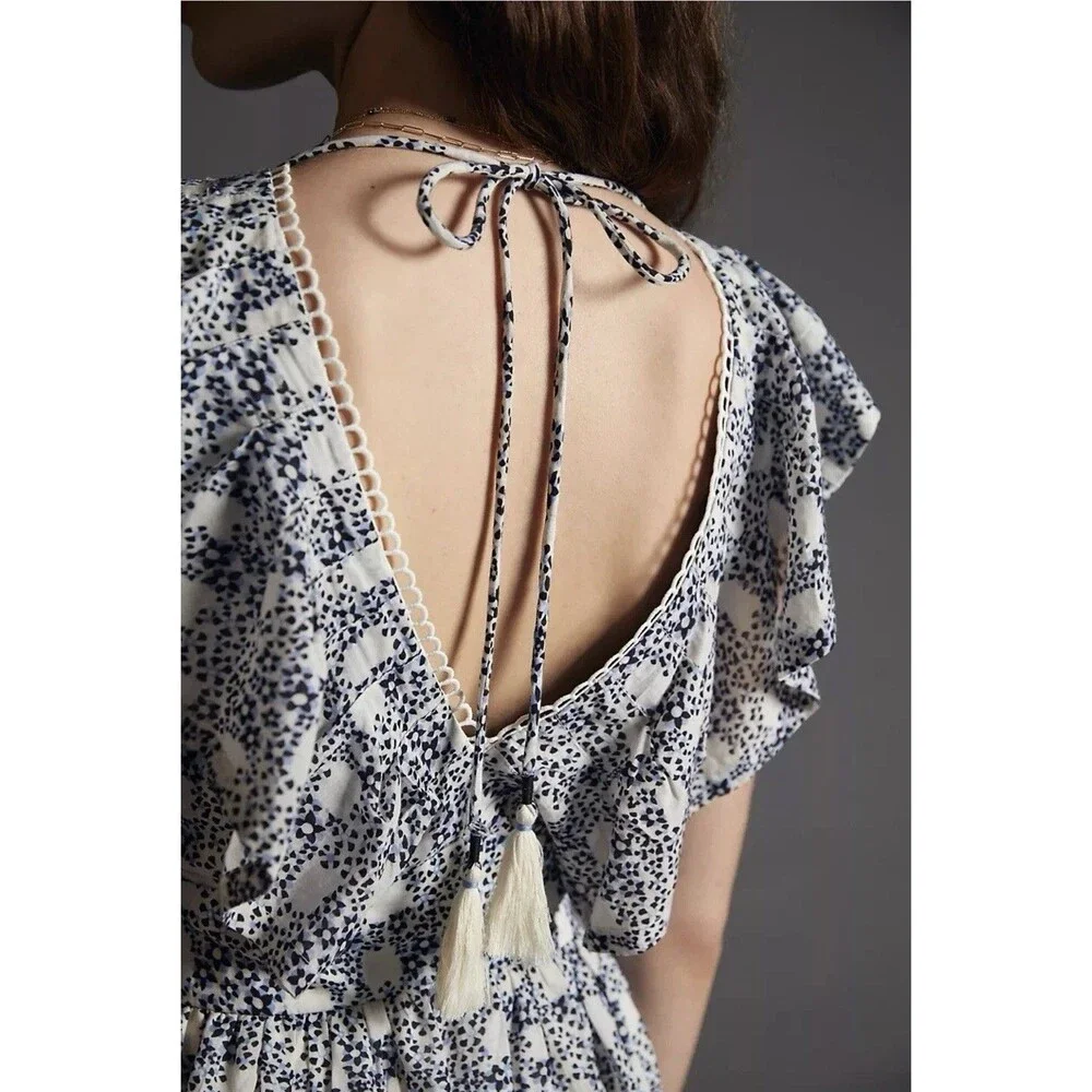 Anthropologie V-Neck Plunge Tunic Mini Blue White Floral Dress Size Medium $148